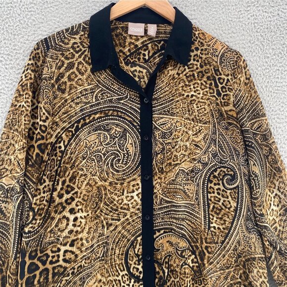 Chicos Top Womens 3 US Extra Large Brown Leopard Mix Button Collar Long Sleeve - Picture 2 of 10